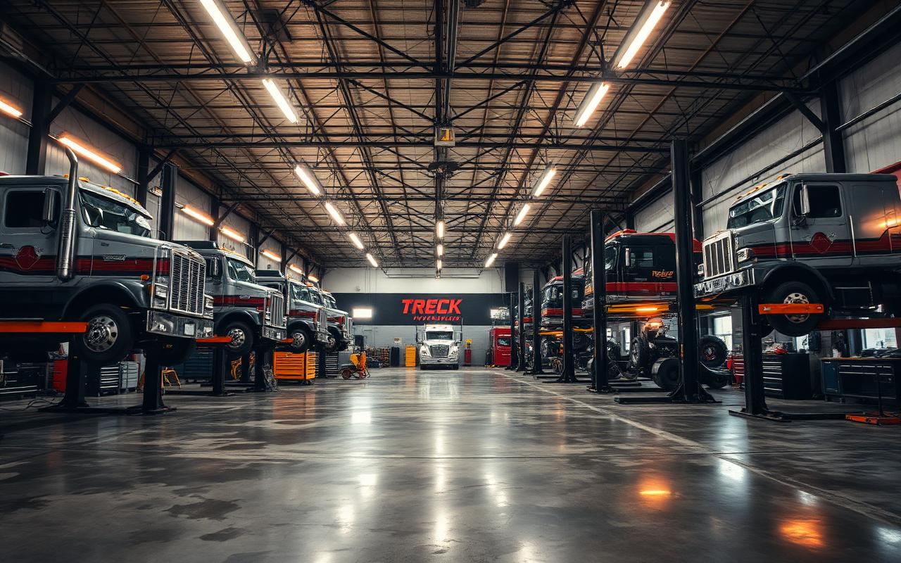 Main fab shop bays with lifted diesel trucks on two-post lifts