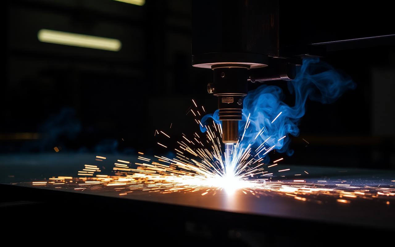 CNC plasma table mid-cut on heavy steel plate