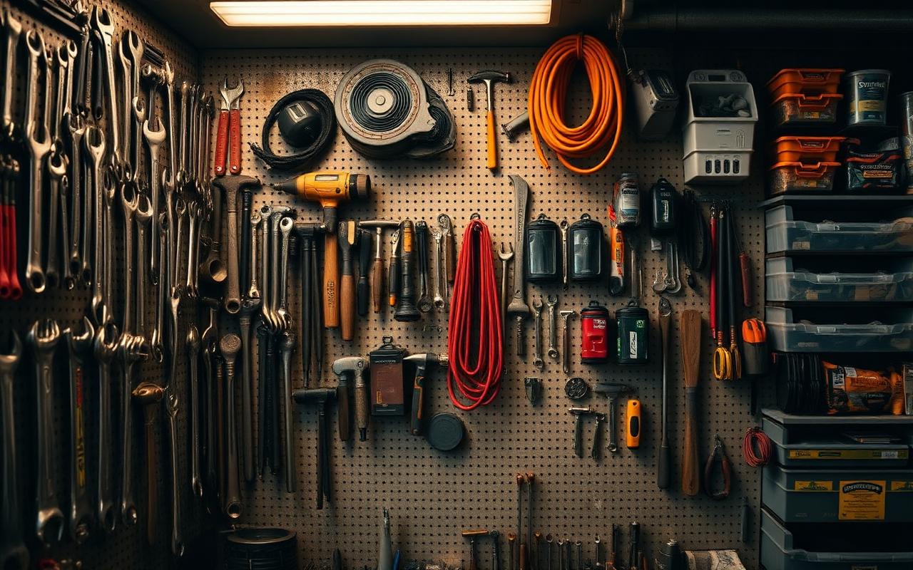 Organized tool wall in the 1776 Kustom shop