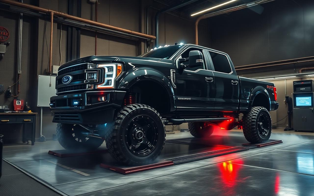 Lifted Ford diesel on the chassis dyno